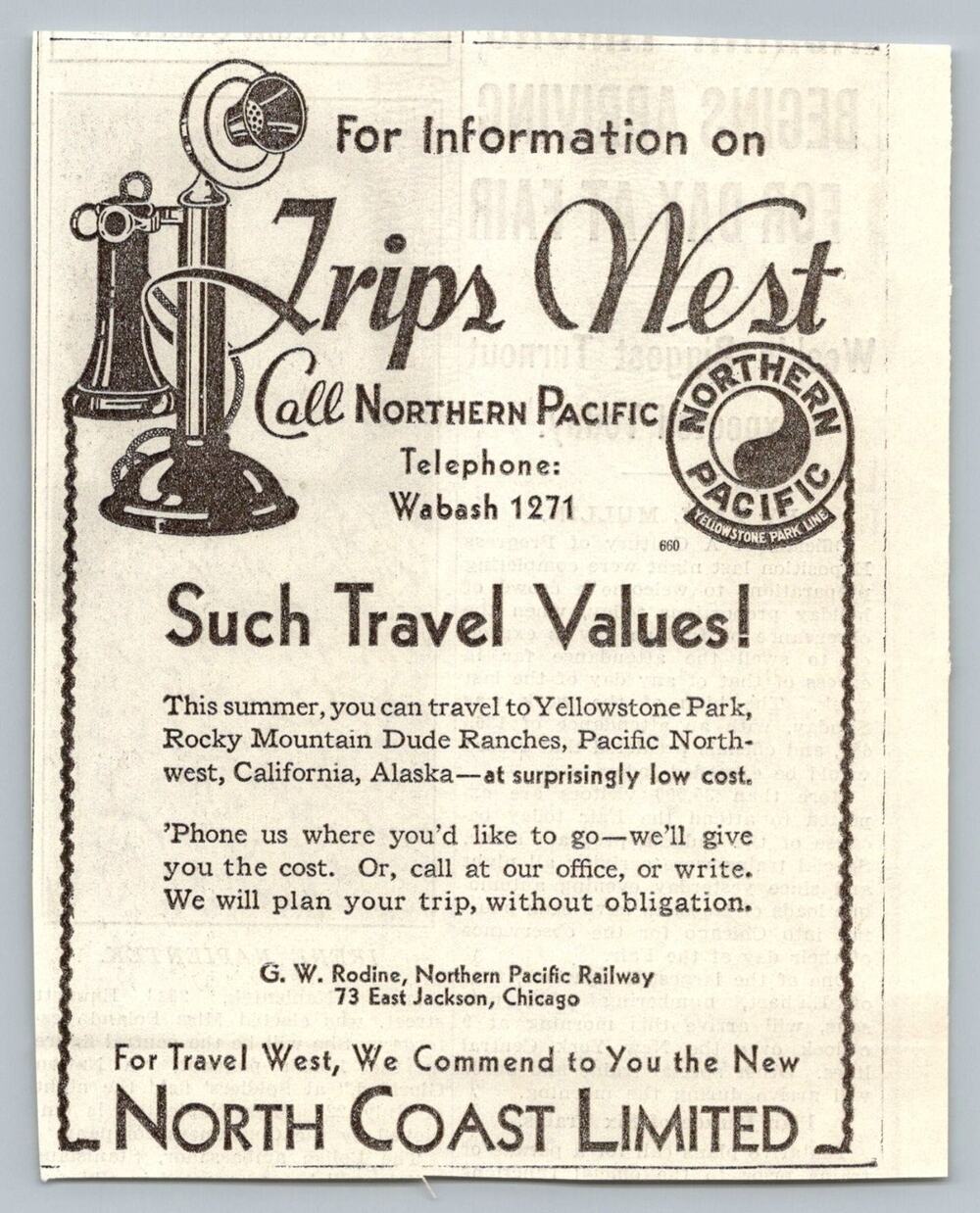 1933 Trips West Call Northern Pacific Railway Ad Yellowstone Candlestick Phone